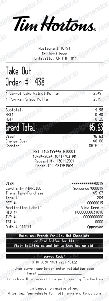 Tim Hortons Receipt Canada preview