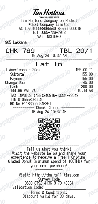 Tim Hortons Receipt preview