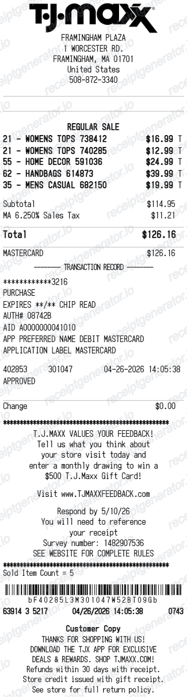 TJ Maxx Receipt - Preview of the template design