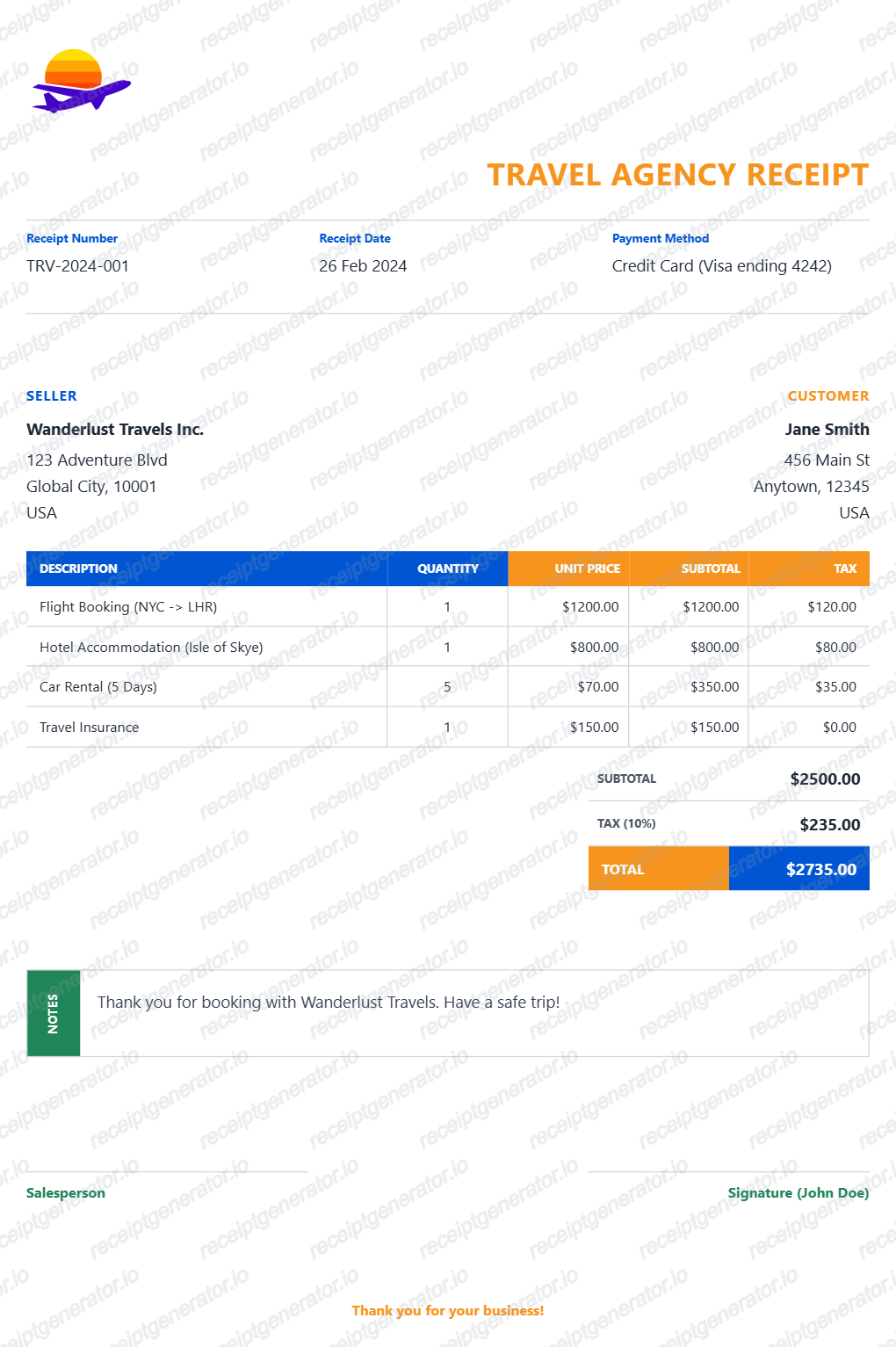 Travel Receipt - Preview of the template design