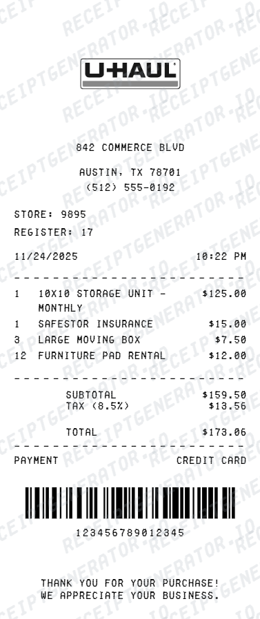 U-Haul Storage Receipt - Preview of the template design