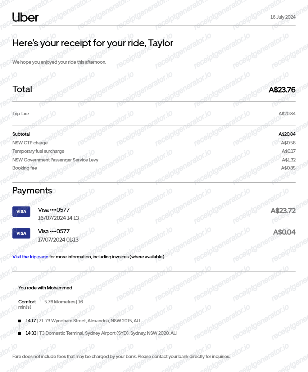 Uber Receipt Australia - Preview of the template design