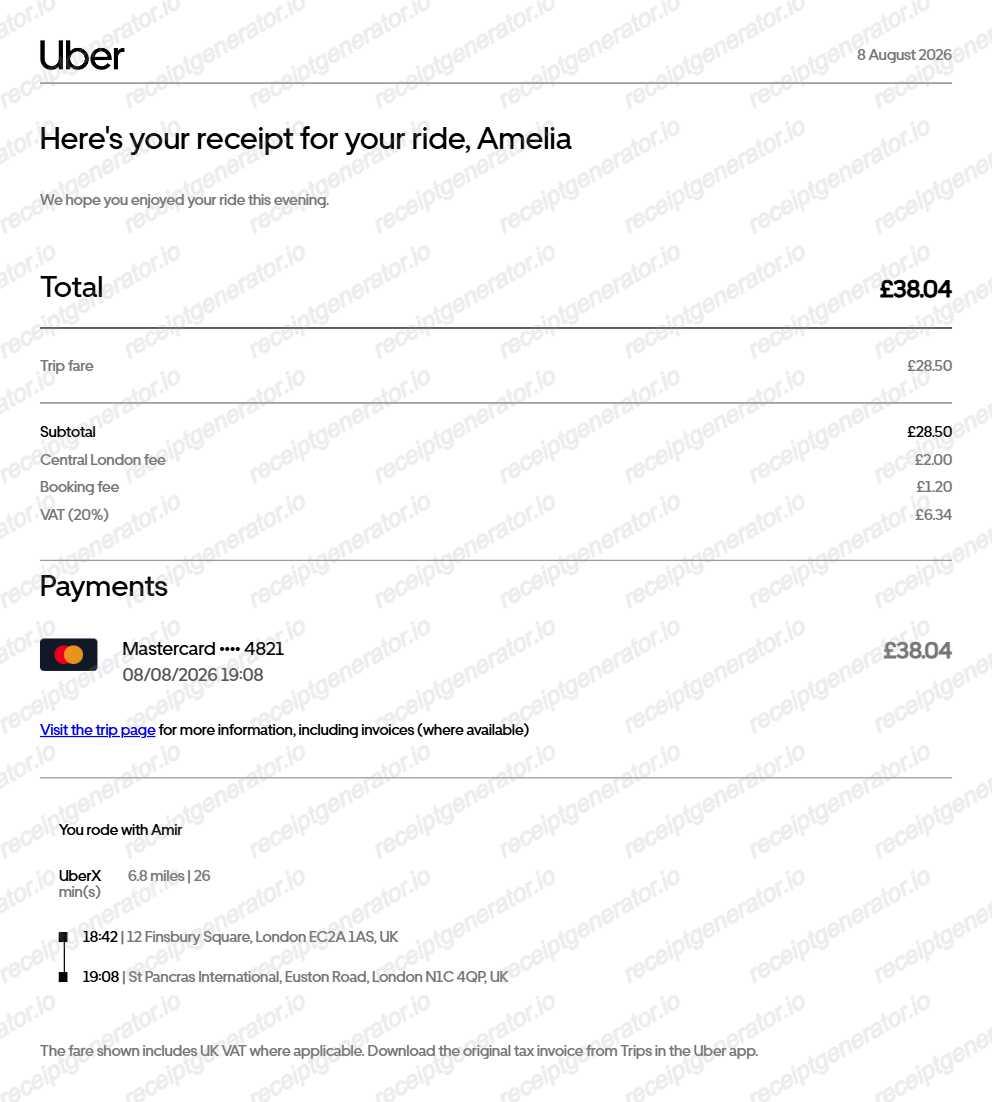Uber Receipt Uk - Preview of the template design