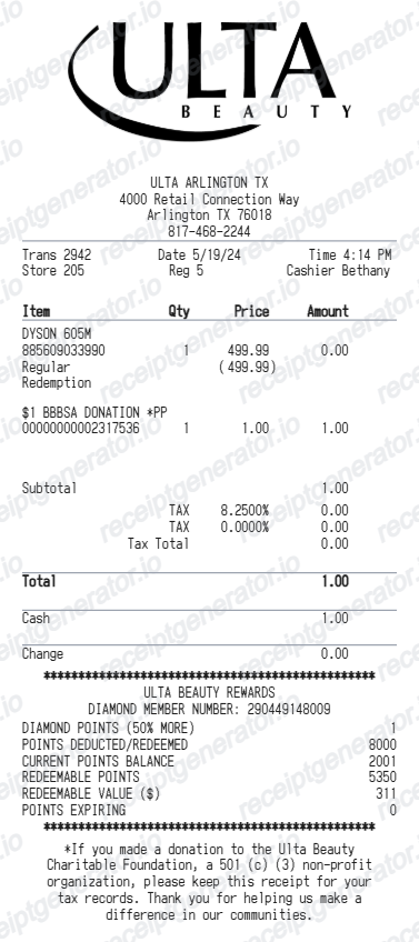 Ulta Beauty Receipt - Preview of the template design