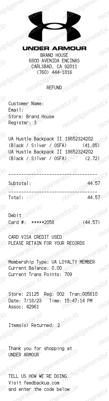 Under Armour Receipt - Preview of the template design