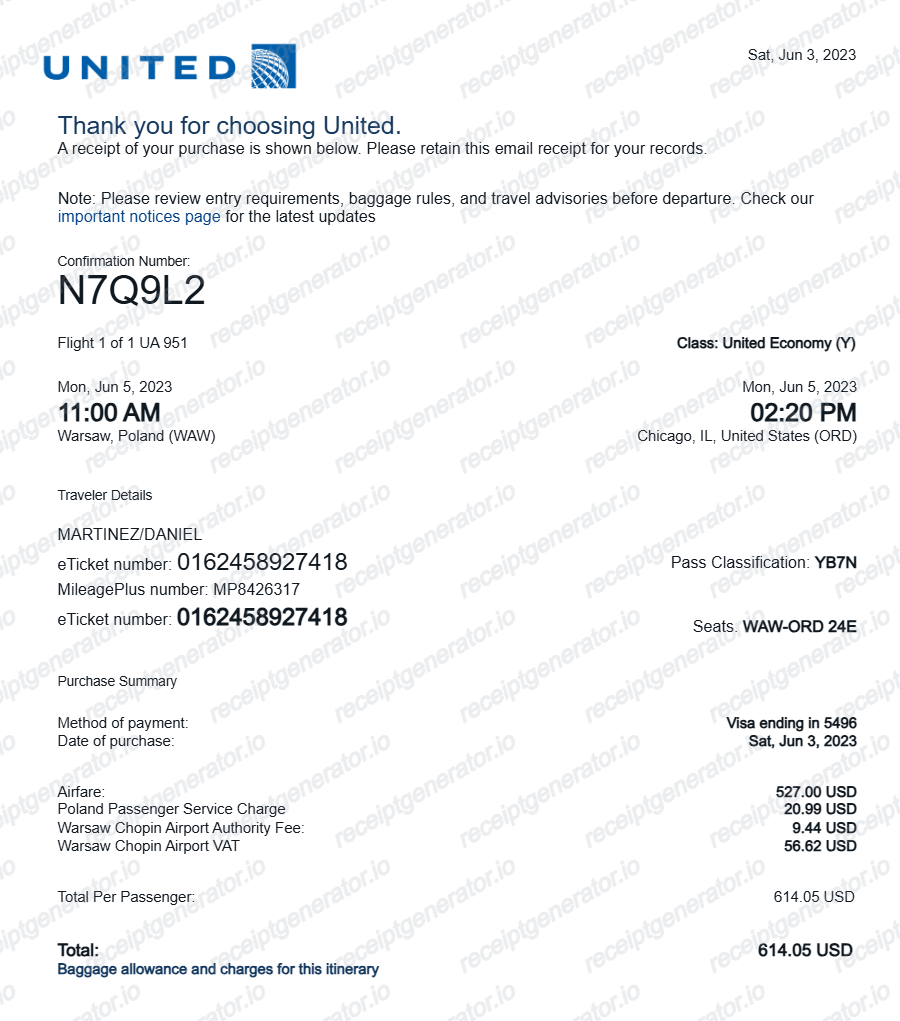 United Airlines Receipt - Preview of the template design