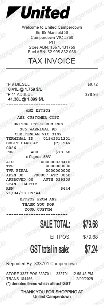 United Petroleum Receipt Australia - Preview of the template design