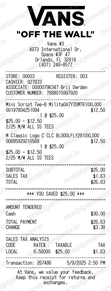 Vans Receipt - Preview of the template design