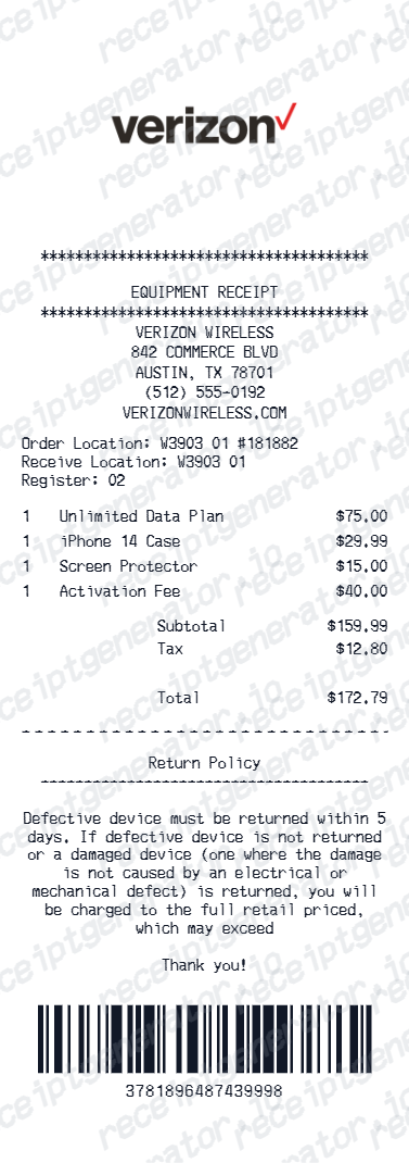 Verizon Receipt - Preview of the template design