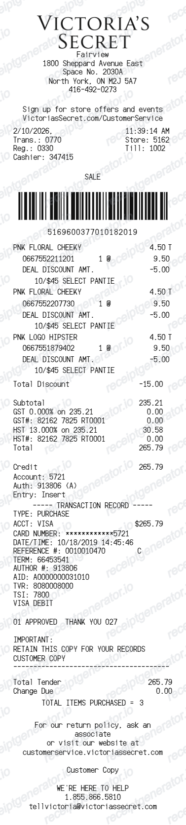Victoria's Secret Receipt - Preview of the template design