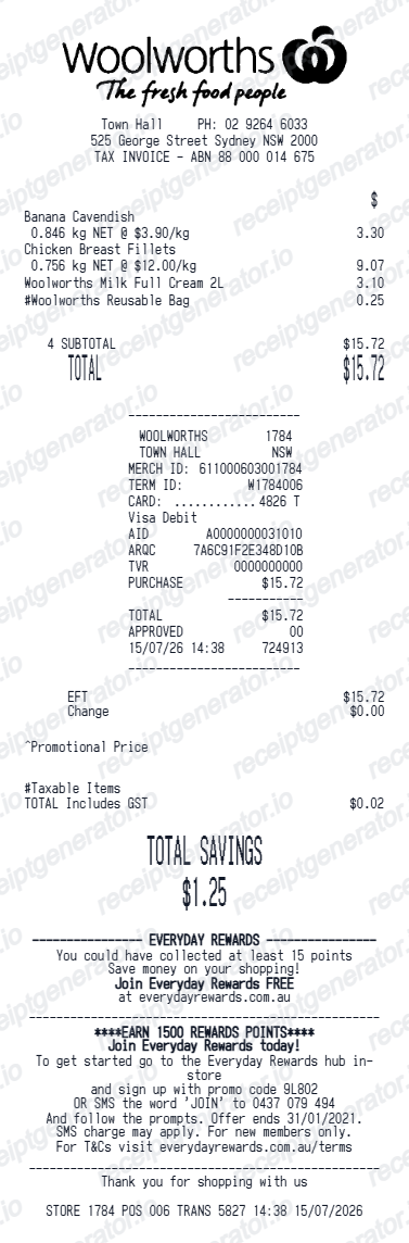 Woolworths Receipt - Preview of the template design