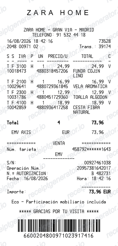 Zara Receipt Spain - Preview of the template design