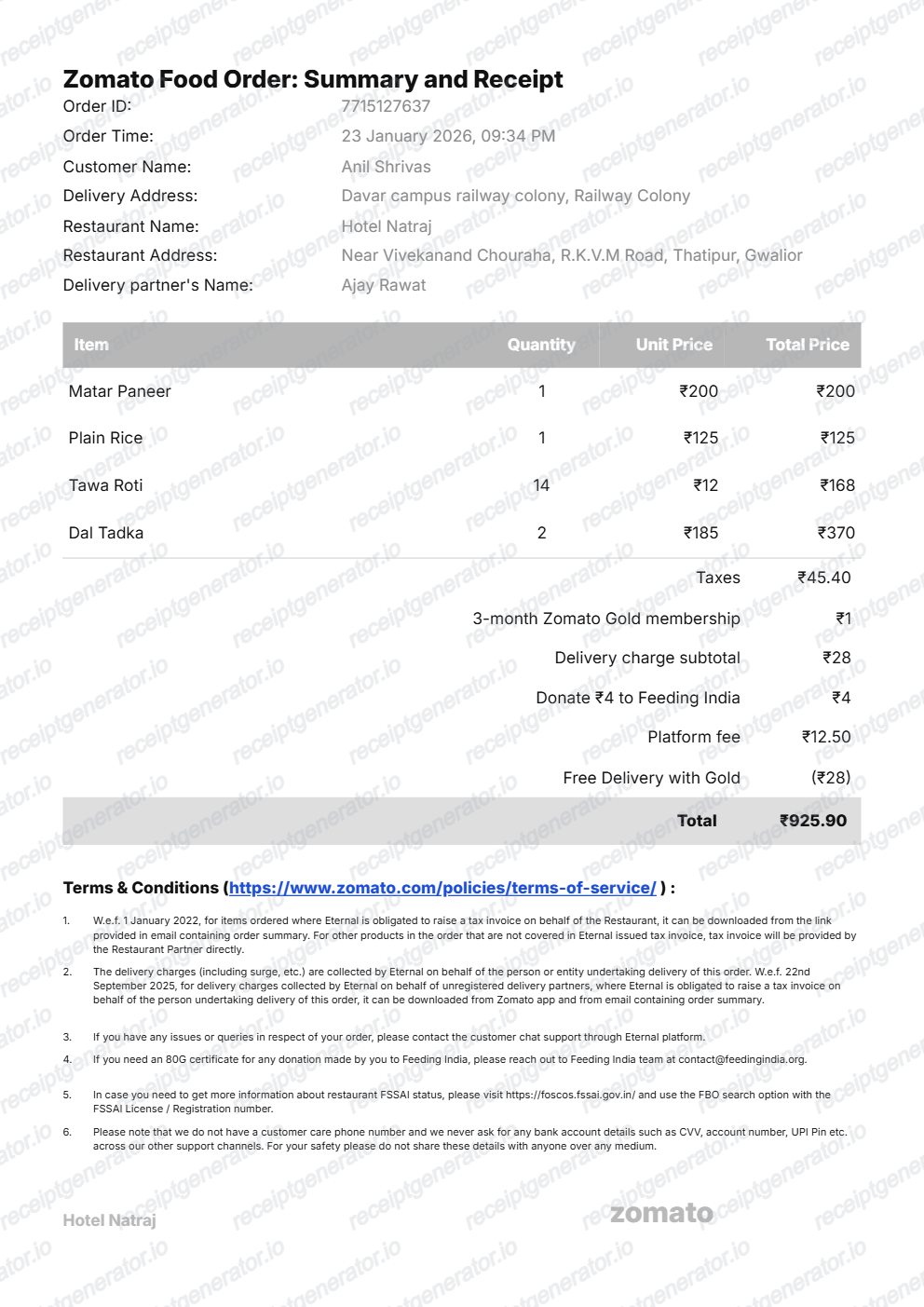 Zomato Receipt preview
